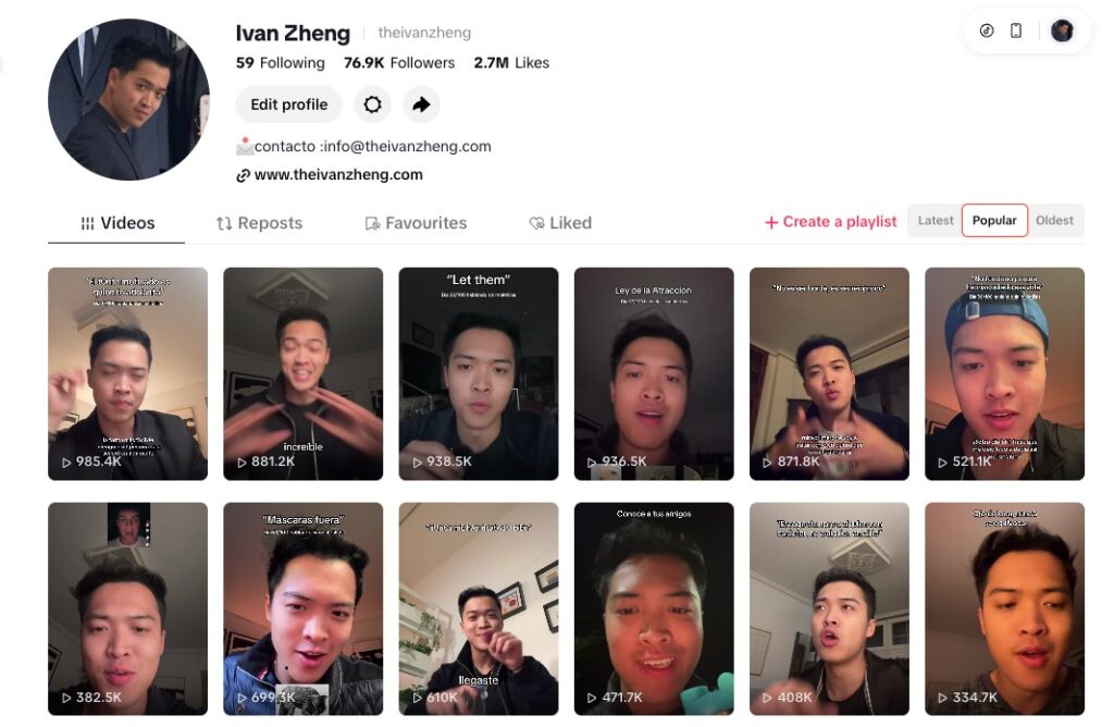Captura de pantalla de la cuenta de TikTok de Iván con 75.000 seguidores